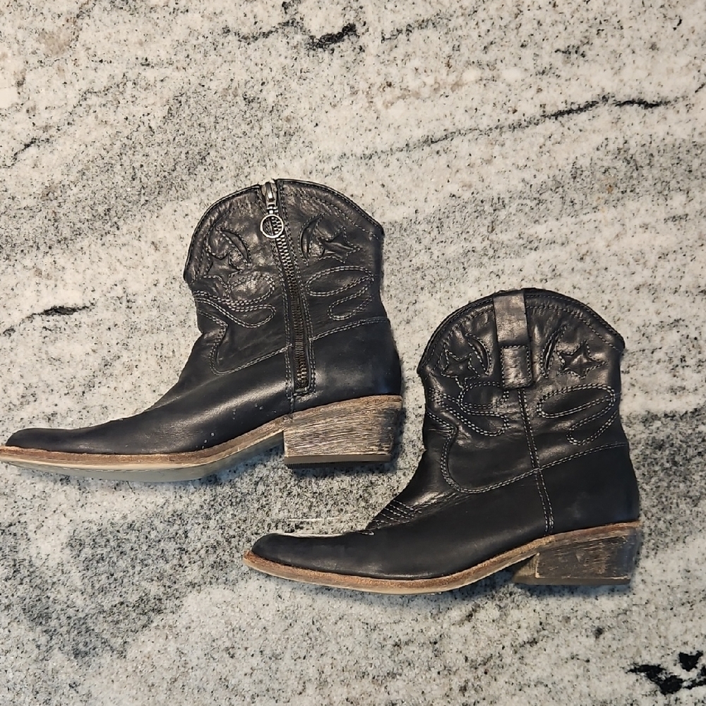 Black Leather Western Boots Cowboy Cowgirl